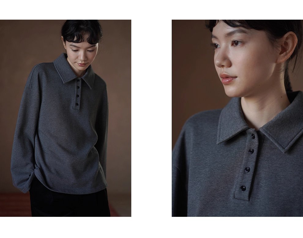 復古經典休閒碰撞Polo領寬鬆顯瘦100棉做舊花灰落肩衛衣