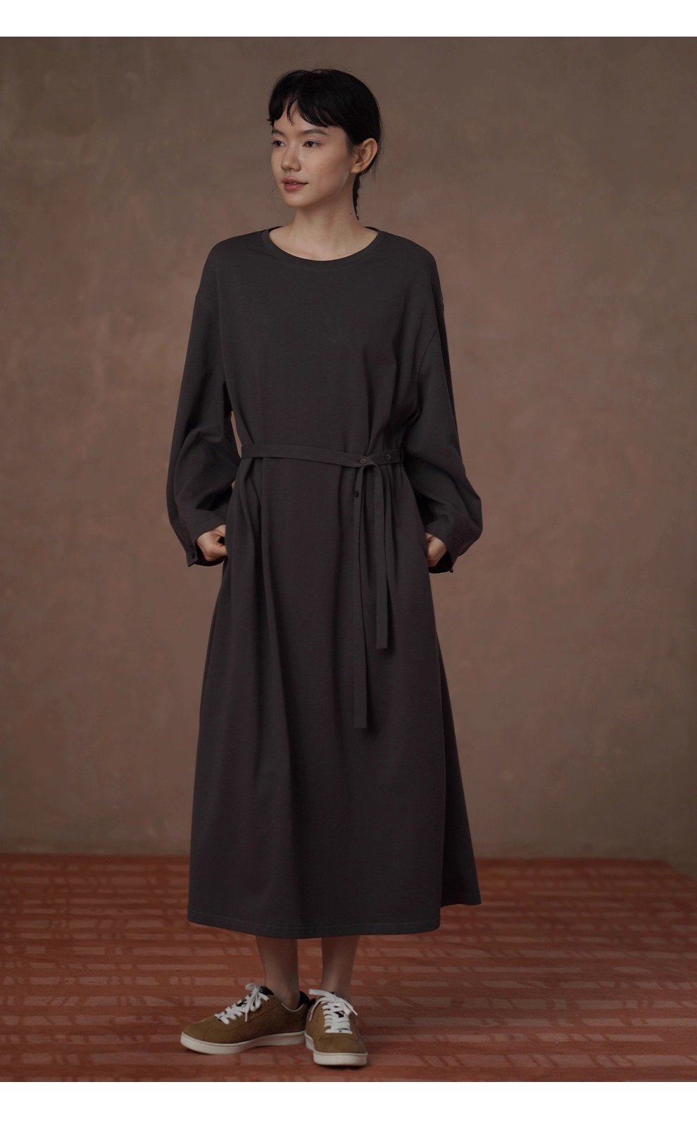 綿柔禪意100棉寬鬆直筒圓領可調式腰帶顯瘦藏肉通勤裙子