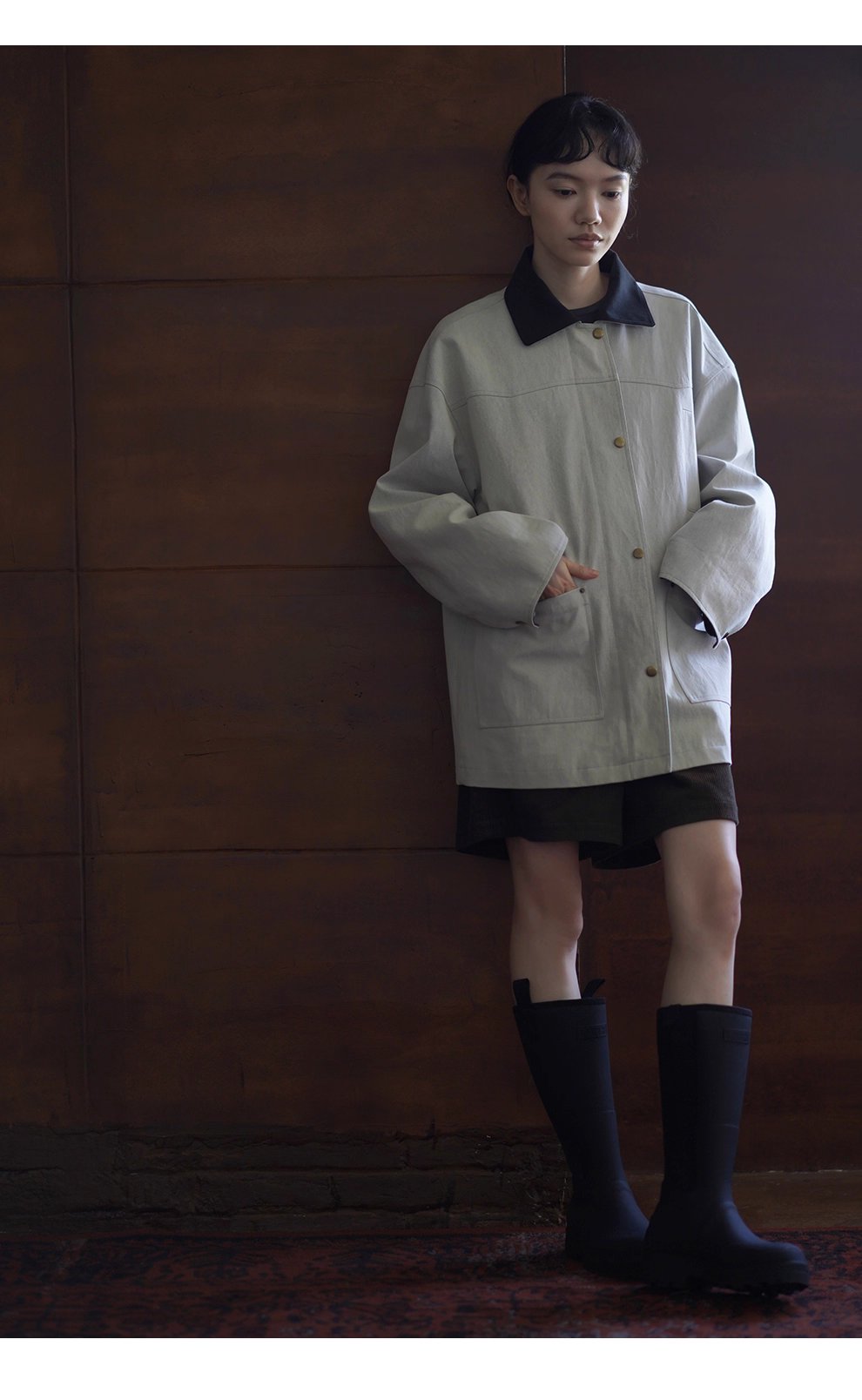 復古工裝健行外套斜紋挺括寬鬆顯瘦撞色翻領一手長風衣