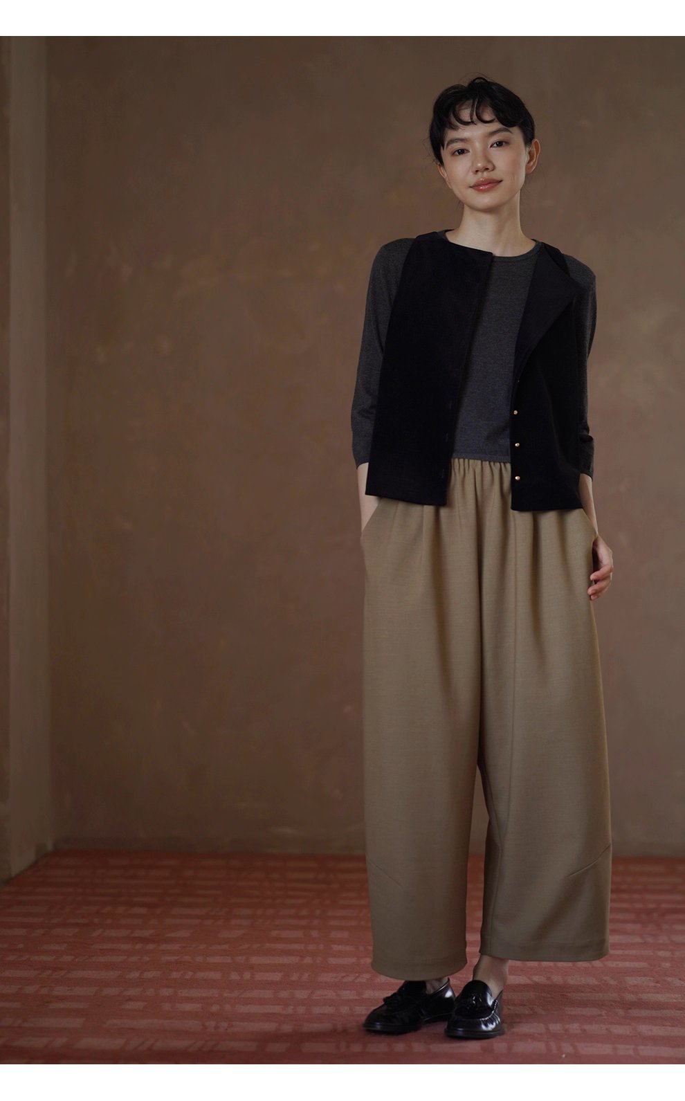 秋日慵懶氛圍鬆緊高腰不挑人顯瘦通勤寬鬆直筒遮肉長褲