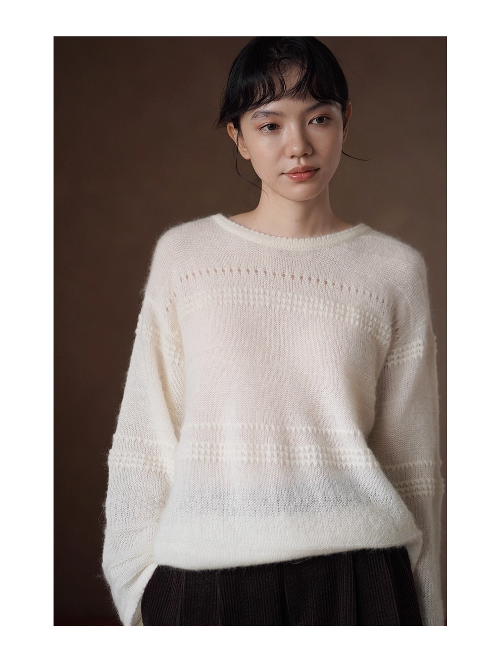 浪漫詩篇唯美重工鉤花馬海毛綿羊毛混紡圓領寬鬆毛衣女