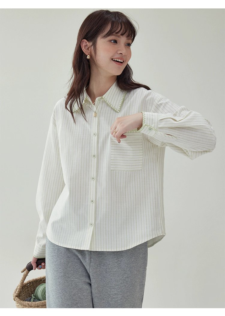 反線條單排扣長袖襯衫女秋季新款polo領寬鬆上衣