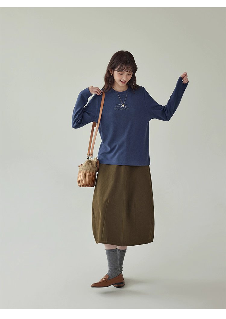 日系刺繡圓領雙面絨長袖T恤女秋季新款百搭上衣