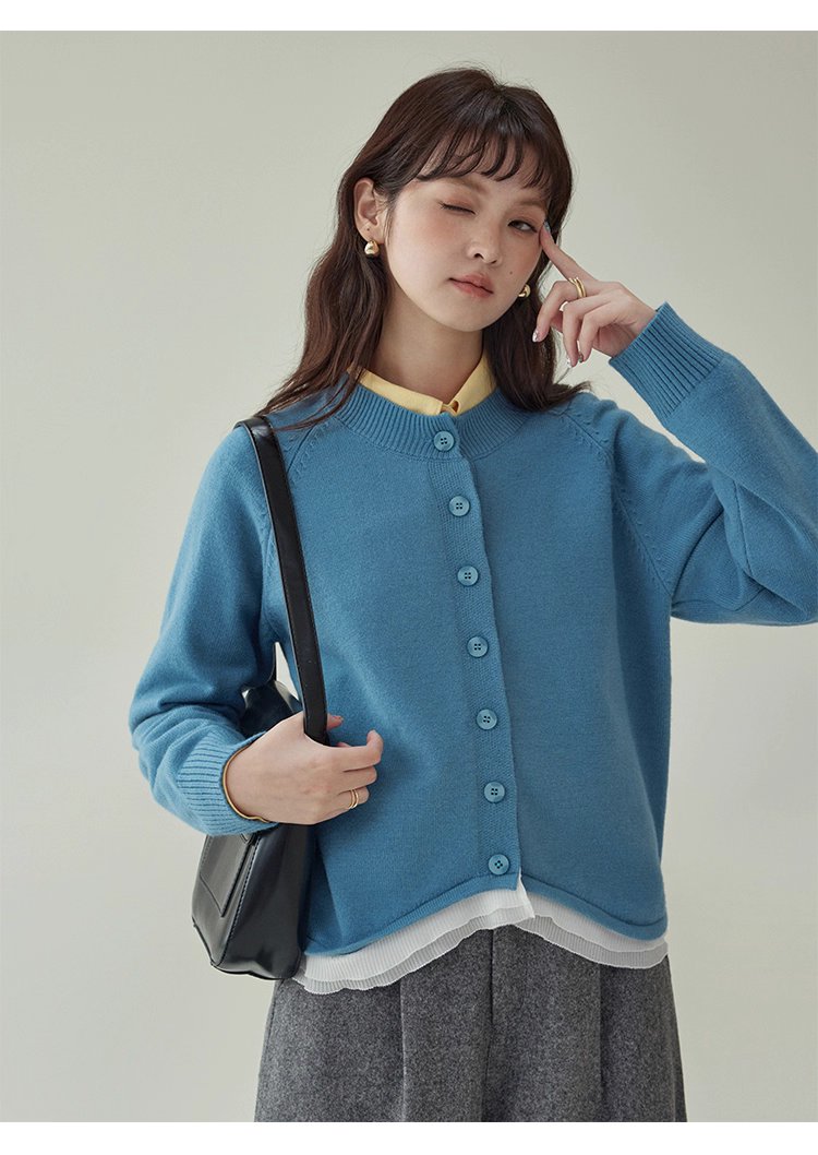 拼接蕾絲下擺藍色針織衫女秋季新款紐帶長袖上衣