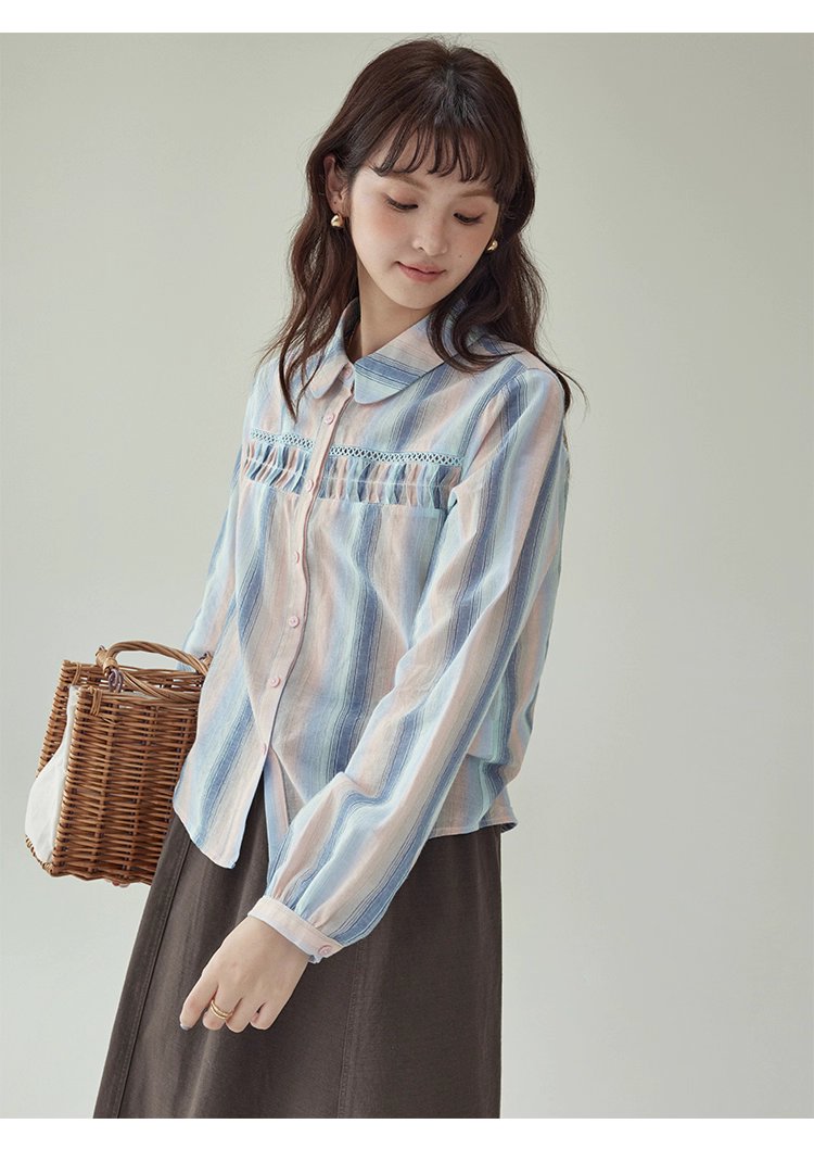 少女感鏤空拼接條紋襯衫女秋季新款純棉長袖上衣