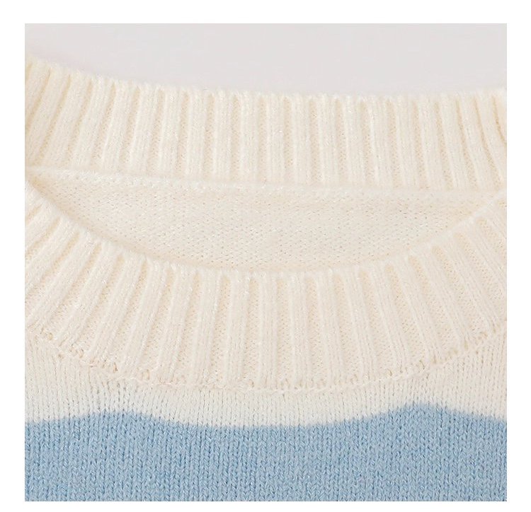 韓國拼色條紋插肩袖毛衣女秋款新款休閒寬鬆上衣