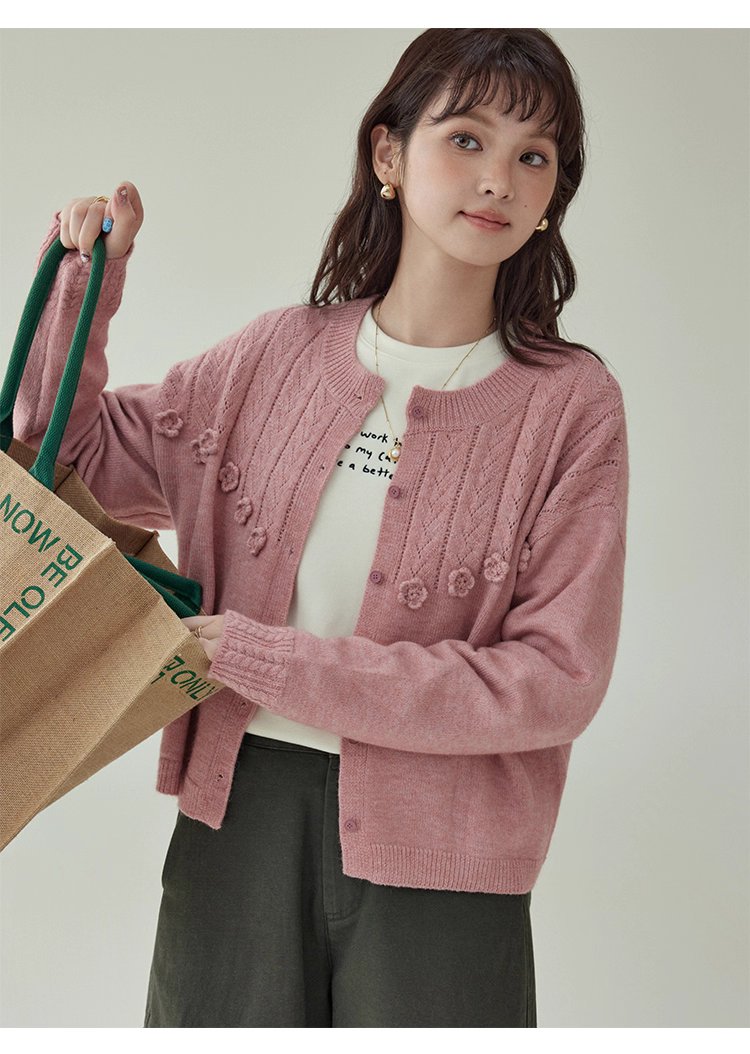 少女感粉紅花朵毛衣開襟女秋季新款寬鬆長袖上衣