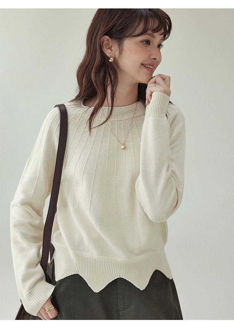 設計感波浪下擺純棉針織衫女秋冬季新款長袖上衣