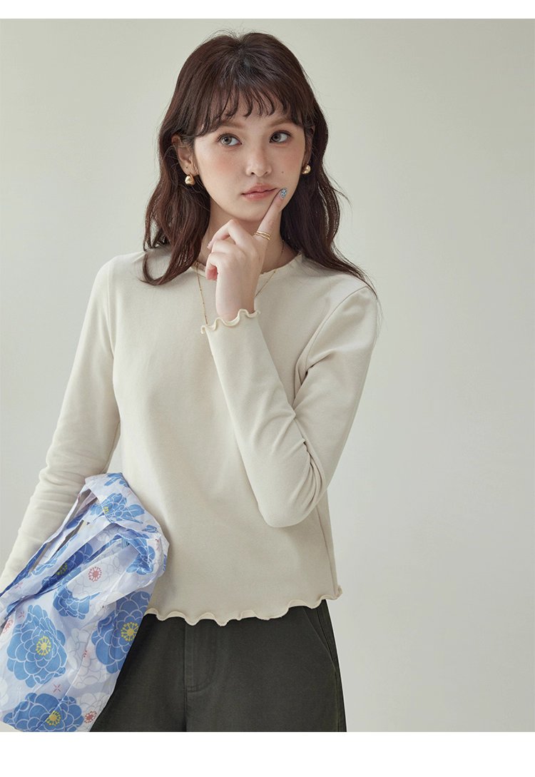 小眾花邊圓領長袖打底T恤女秋新款寬鬆純色上衣