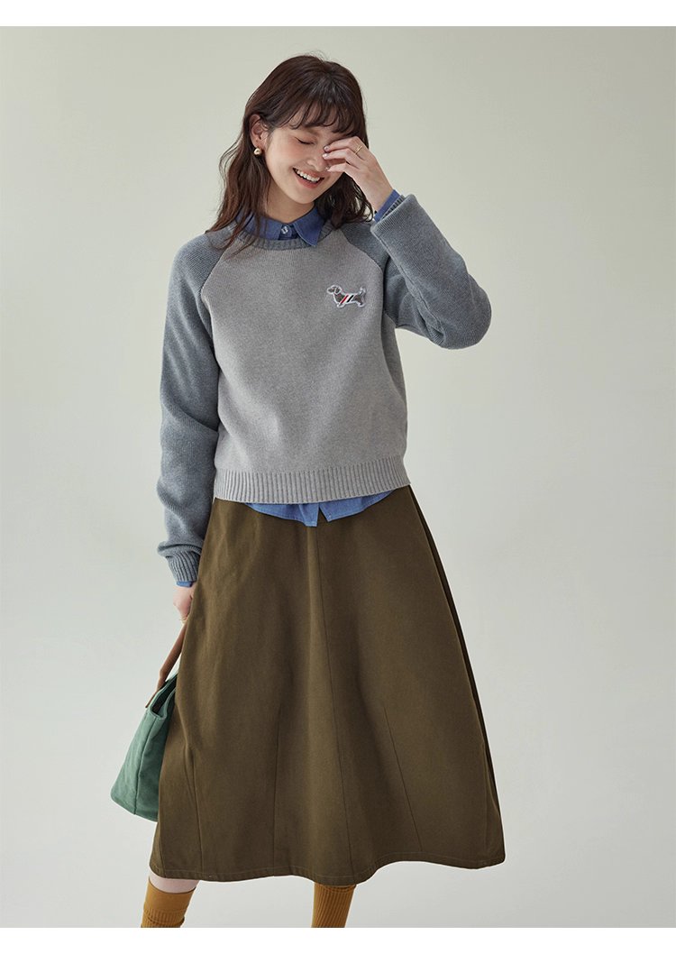 拼色插肩長袖短版針織衫女秋季新款小狗刺繡上衣