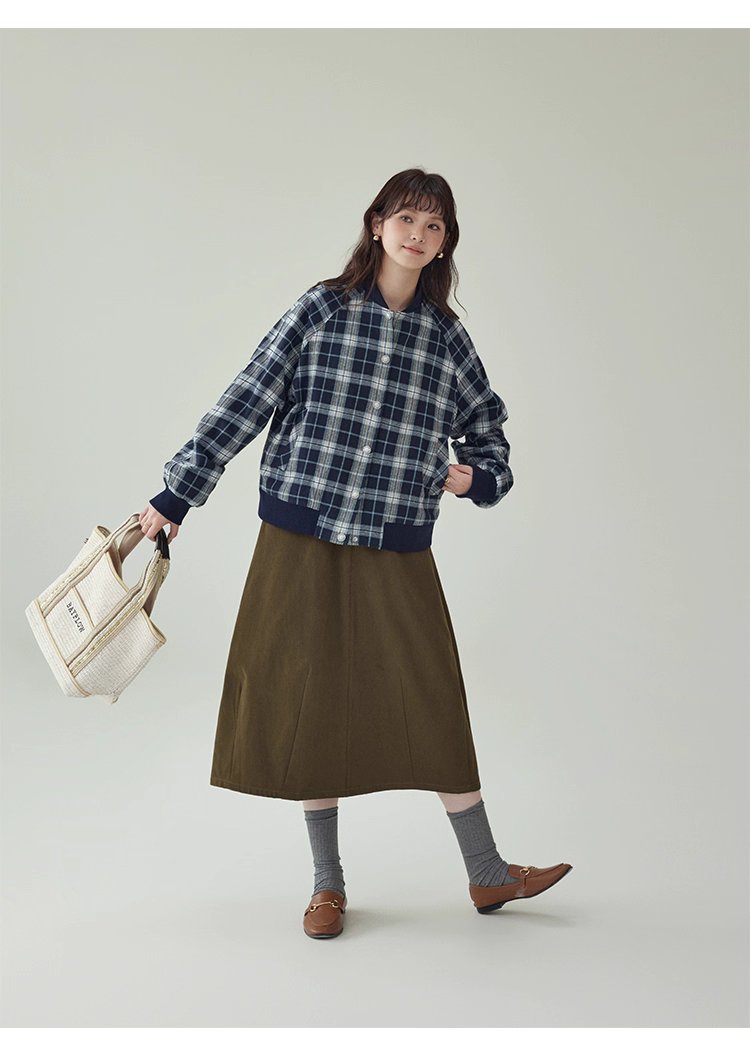 撞色格紋插肩袖摁扣外套女秋季新款長袖外套上衣