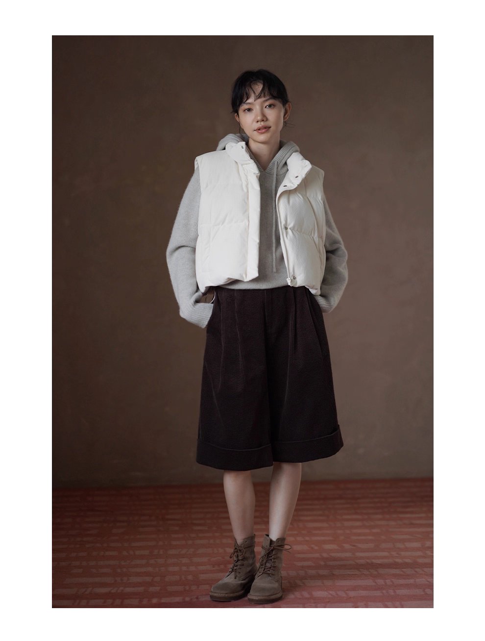 保暖軟糯小泡芙格外套紋肌理寬鬆短款立領夾棉馬甲棉服