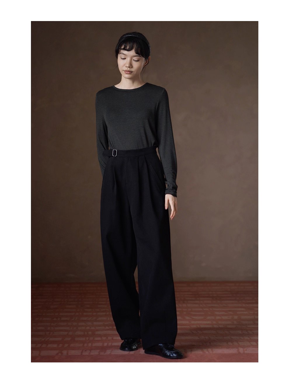 低調霧面紗卡品質長褲可調式褲袢高腰寬鬆顯瘦直筒褲女