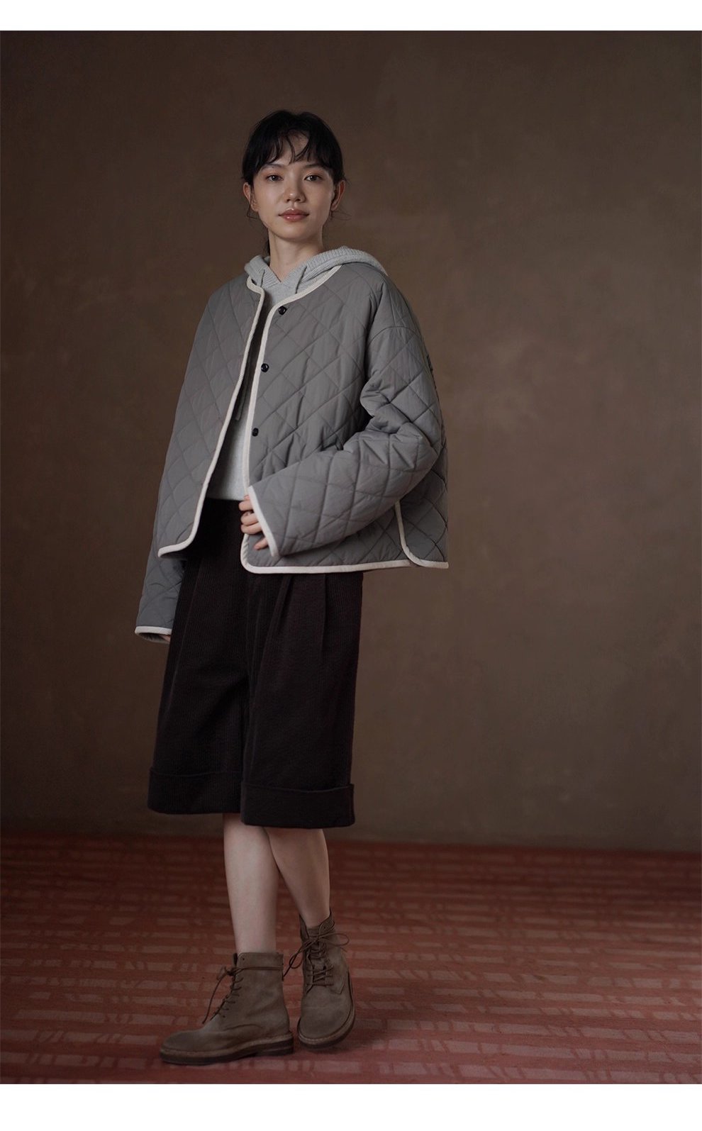 撞色燈芯絨包邊顯瘦菱格絎線寬鬆輪廓顯瘦保暖棉質外套