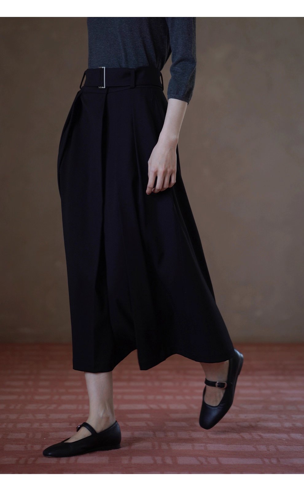 簡約法式高腰中長A字顯瘦通勤不挑人百褶腰帶半身裙女