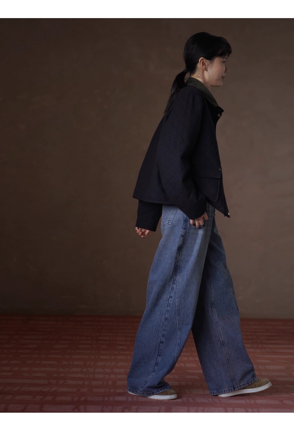 復古英倫配色撞色燈芯絨翻領正肩短款菱形格絎棉外套女