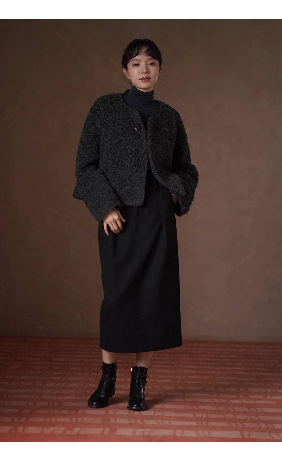 費城外套蓬鬆羊毛圈毛呢料輪廓皮袢圓領通勤顯瘦大衣