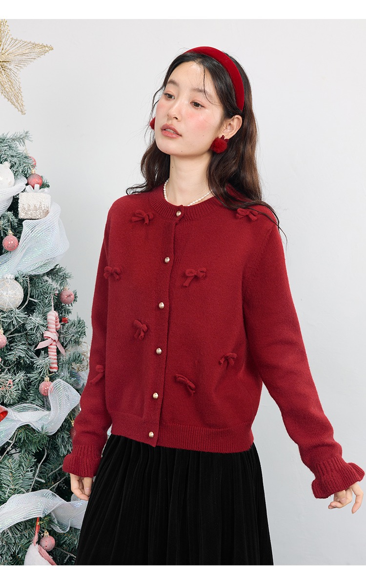 大尺碼胖mm秋冬毛衣開襟外套紅色蝴蝶結針織衫上衣