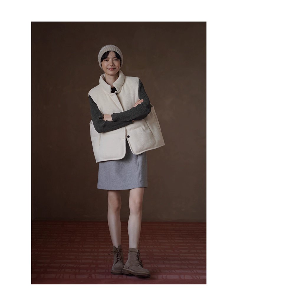 小奶糕自然肌理感綿羊毛混紡寬鬆疊穿簡約立領棉服馬甲
