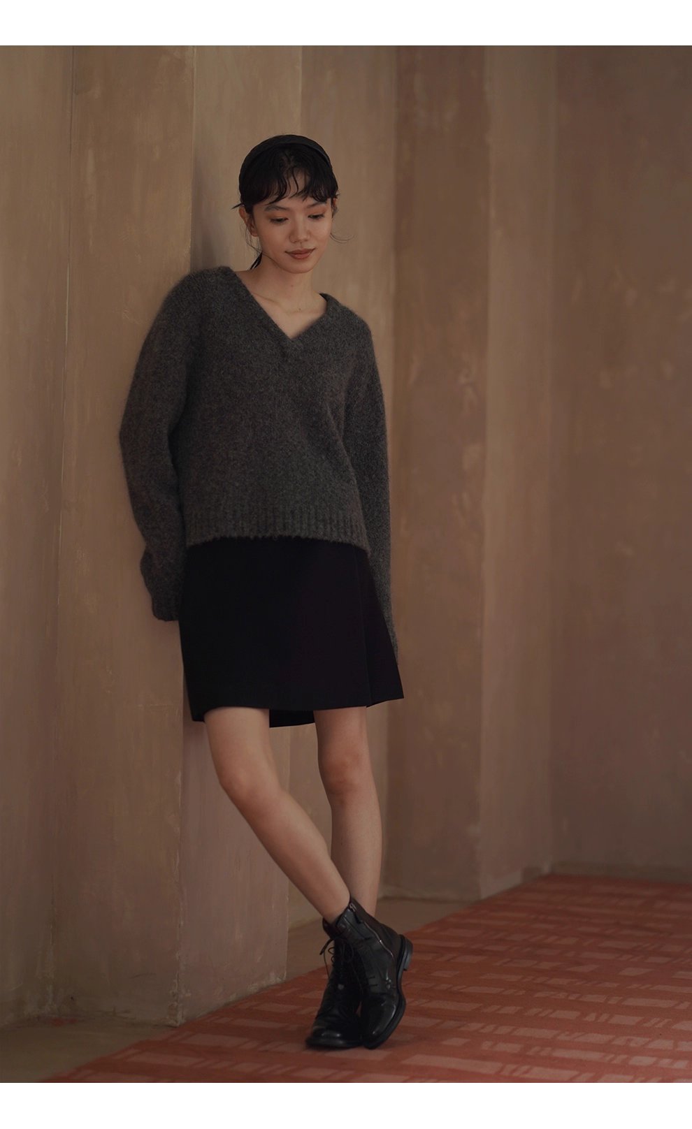 溫柔蓬鬆雜花灰毛衣馬海毛綿羊毛混紡寬鬆V領落肩上衣女