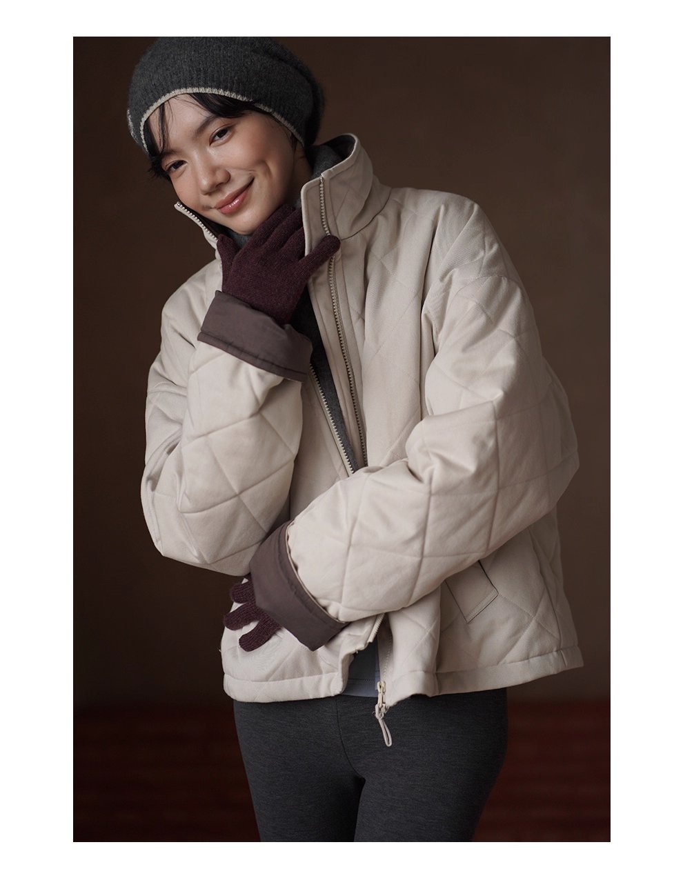 從容冬日保暖棉服立領廓形菱格絎線夾棉撞色顯瘦外套女