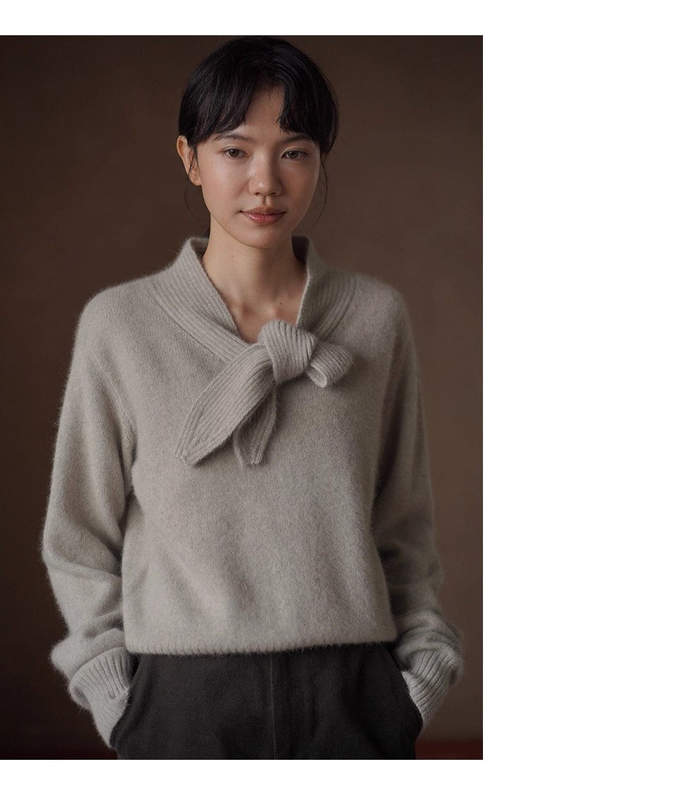 靜謐月光羊毛柔和混紡紗線領結設計感坑條顯瘦寬鬆毛衣