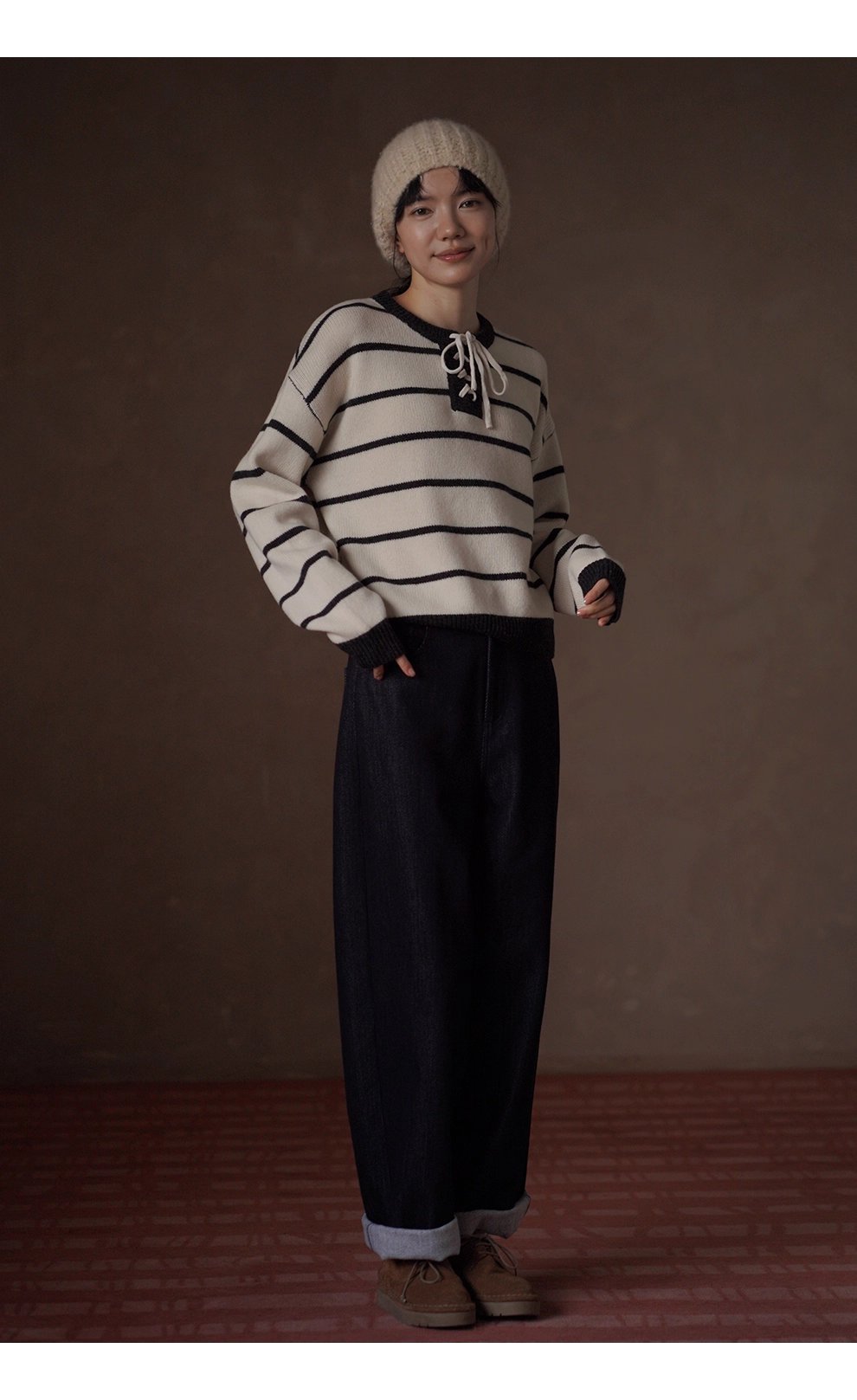 復古水手條紋上衣軟糯100羊毛綁帶門襟設計寬鬆顯瘦毛衣