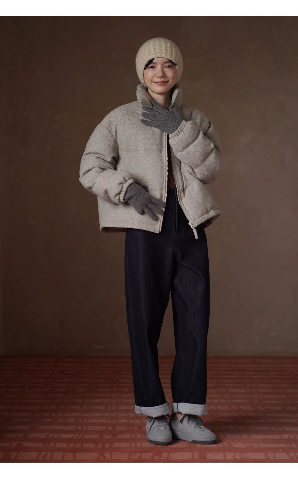 冬日盧森堡保暖外套羊毛夾花人字紋加厚短款休閒棉服女