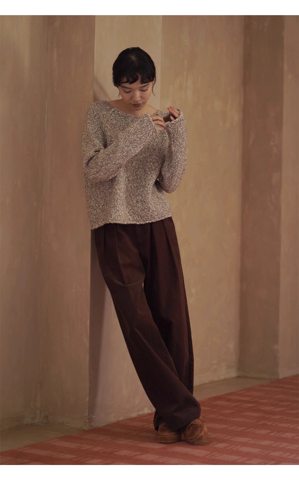 拉花肌理感雜色羊毛豆豆紗寬鬆顯瘦船領休閒捲邊毛衣女