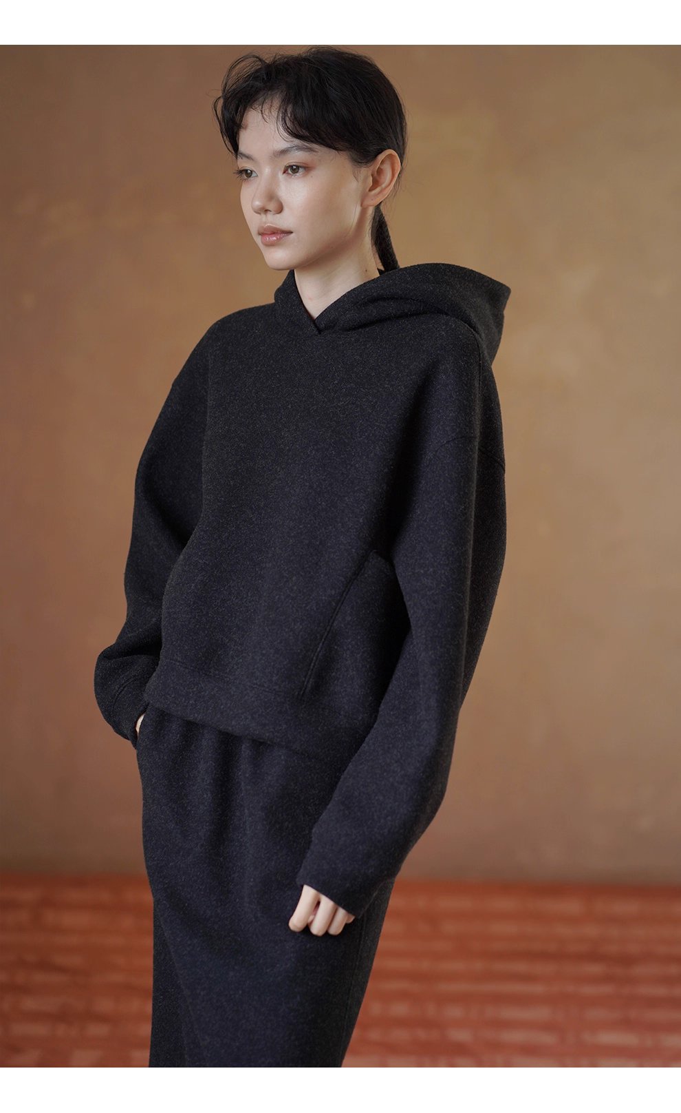 懶人時髦感加厚毛呢感連帽衛衣高腰半身裙顯瘦百搭套裝