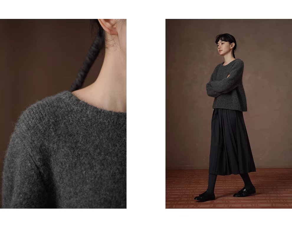 蓬鬆百分百水洗拉毛工藝羊毛馬海毛混紡圓領寬鬆毛衣女