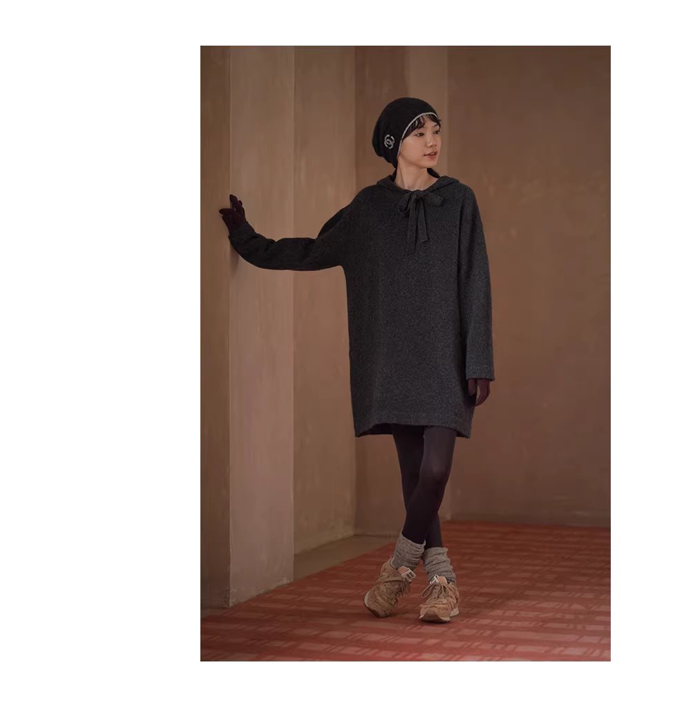 柔軟蓬鬆水洗拉毛工藝羊毛混紡連帽寬鬆顯瘦針織洋裝