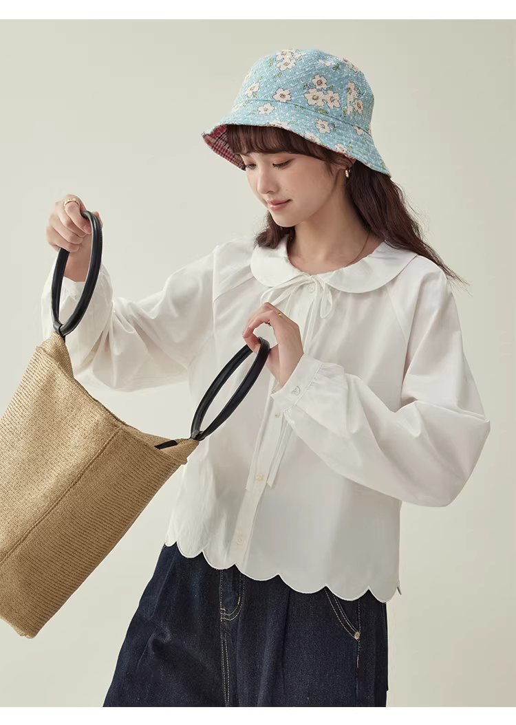 少女感蕾絲娃娃領襯衫女25冬季新款白色長袖上衣,HBEW1142,少女感蕾絲娃娃領襯衫女25冬季新款白色長袖上衣,娃娃領,花瓣衣襬,細節滿分