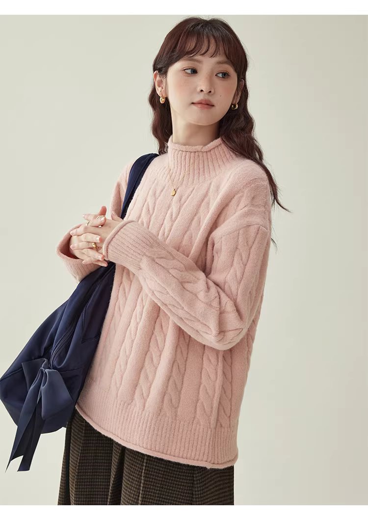 減齡粉紅高領麻花毛衣女25冬季新款捲邊長袖上衣,減齡粉紅高領麻花毛衣女25冬季新款捲邊長袖上衣,HBEW1146,減齡粉紅高領麻花毛衣女25冬季新款捲邊長袖上衣,高領毛衣,麻花針織