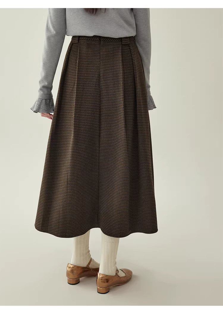 復古壓褶格紋高腰半身裙女25冬季新款a字中長裙,復古壓褶格紋高腰半身裙女25冬季新款a字中長裙,HBEW2031,復古壓褶格紋高腰半身裙女25冬季新款a字中長裙,復古格紋,高腰壓摺