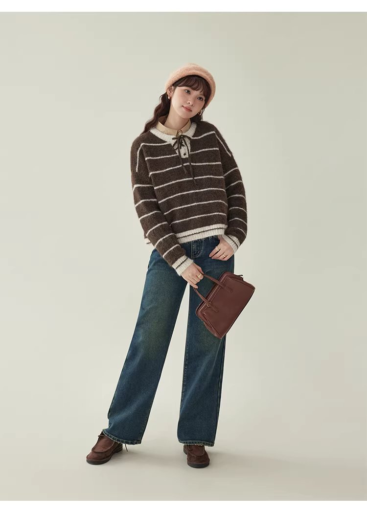 撞色條紋綁帶圓領羊毛毛衣女冬季新款甜美落肩袖上衣,撞色條紋綁帶圓領羊毛毛衣女冬季新款甜美落肩袖上衣,HBEW1155,撞色條紋綁帶圓領羊毛毛衣女冬季新款甜美落肩袖上衣,綁帶衣領,羊毛混紡