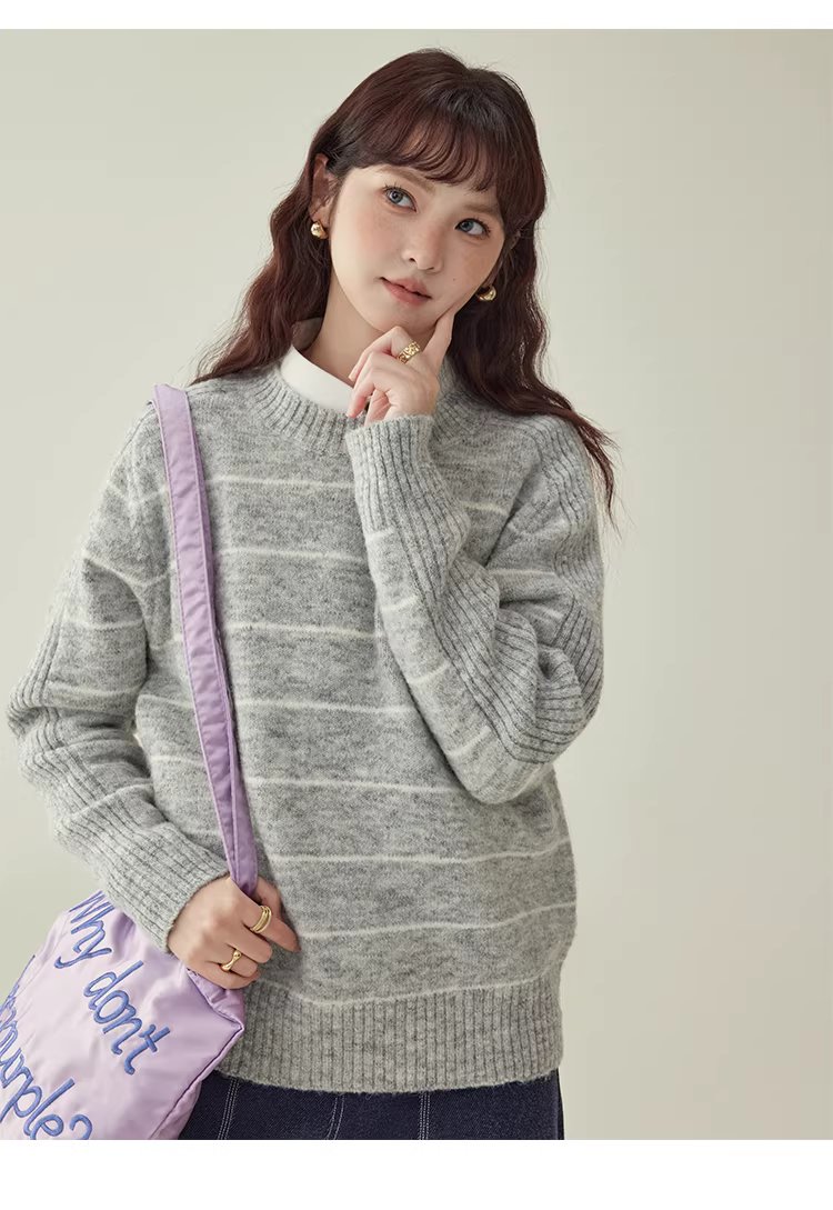 日繫條紋長袖羊毛絨毛衣女冬季新款通勤寬鬆上衣,日繫條紋長袖羊毛絨毛衣女冬季新款通勤寬鬆上衣,HBEW1158,日繫條紋長袖羊毛絨毛衣女冬季新款通勤寬鬆上衣,日系清新,羊毛混紡