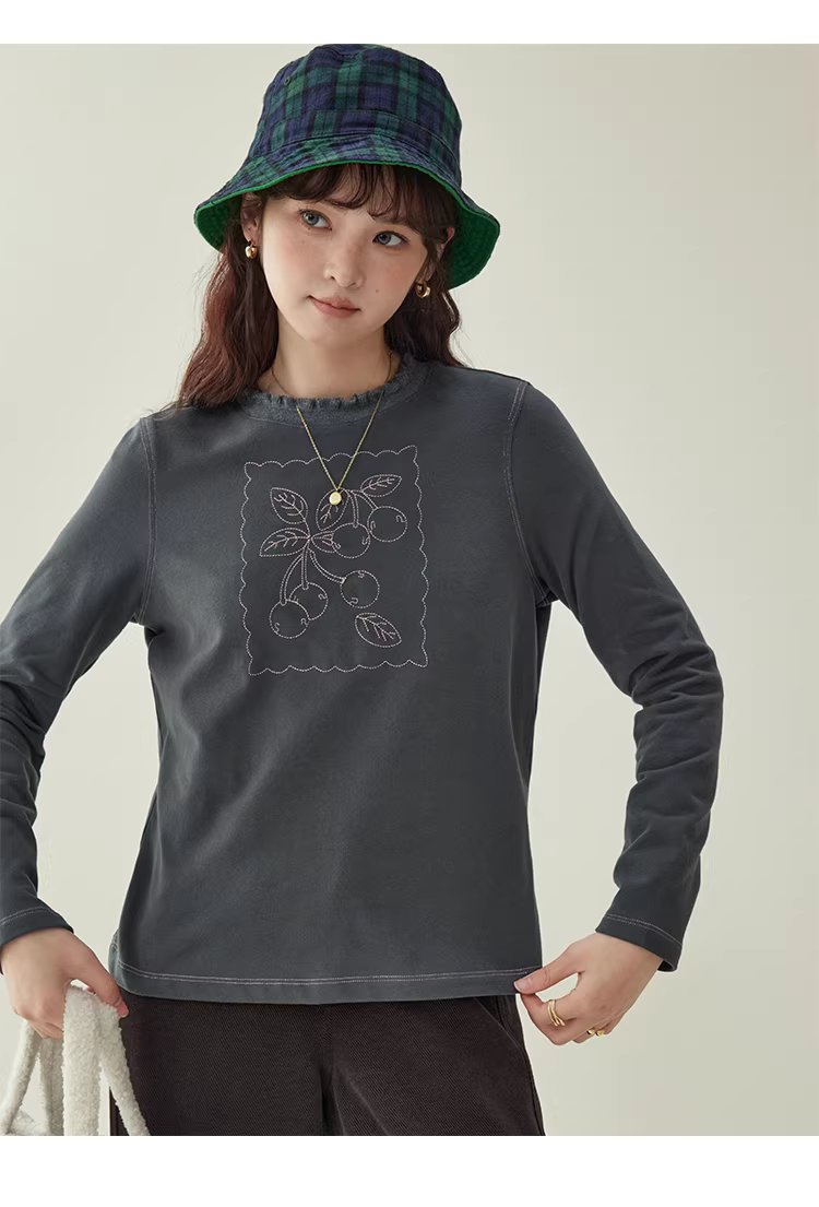 設計感磨毛繡花厚T恤女冬新款花邊圓領長袖上衣,設計感磨毛繡花厚T恤女冬新款花邊圓領長袖上衣,HBEW1184,設計感磨毛繡花厚T恤女冬新款花邊圓領長袖上衣,刺繡細節,磨毛面料
