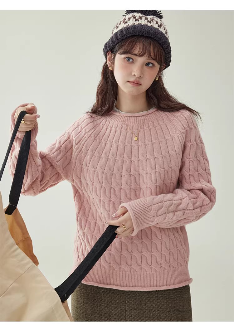 粉紅扭花捲邊長袖毛衣女25冬季新款甜美圓領上衣,粉紅扭花捲邊長袖毛衣女25冬季新款甜美圓領上衣,HBEW1188,粉紅扭花捲邊長袖毛衣女25冬季新款甜美圓領上衣,捲邊衣襬,扭花針織