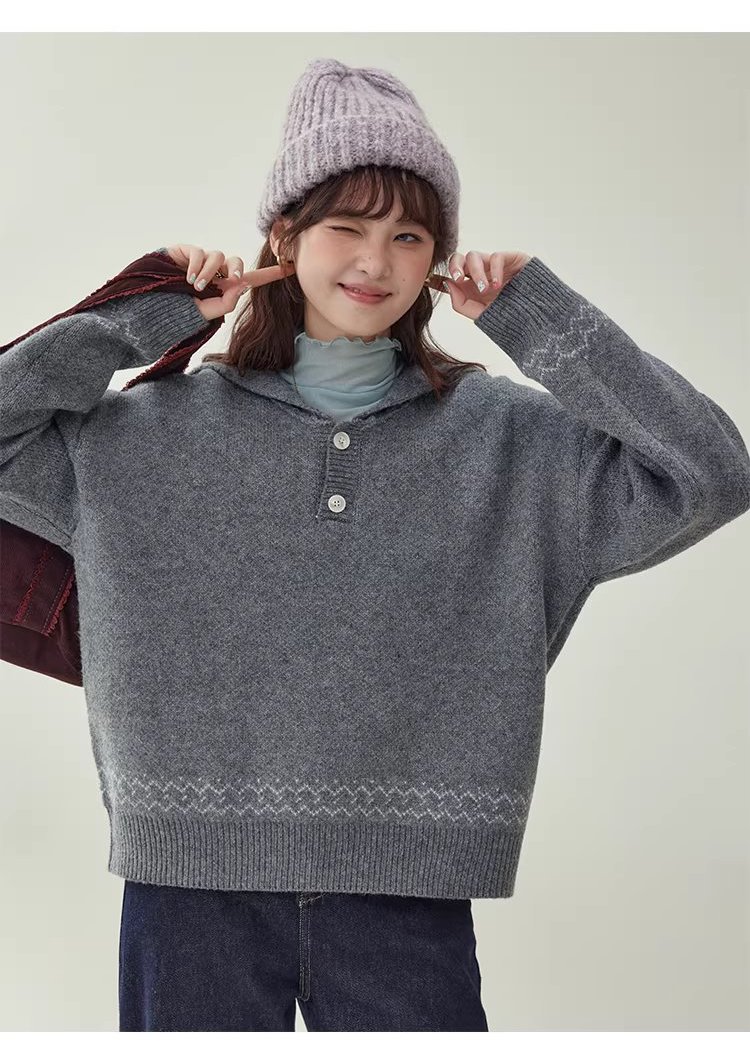 灰色提花海軍領毛衣女冬新款費爾島寬鬆長袖上衣,灰色提花海軍領毛衣女冬新款費爾島寬鬆長袖上衣,HBEW1191,灰色提花海軍領毛衣女冬新款費爾島寬鬆長袖上衣,海軍領,費爾島圖騰