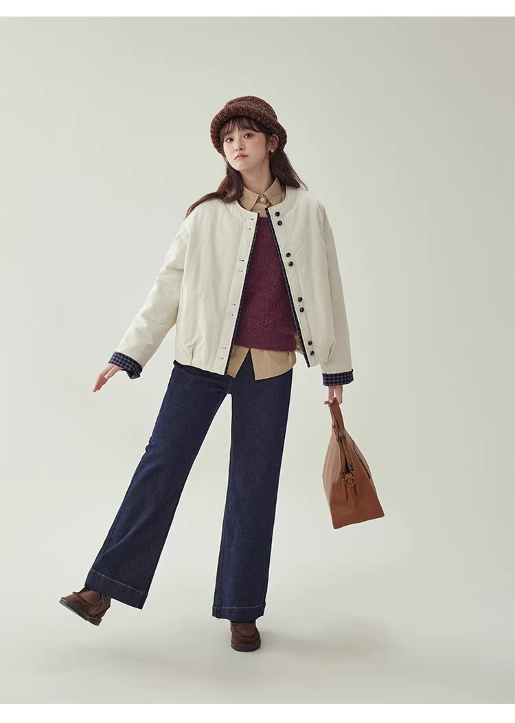 撞色單排扣落肩長袖保暖棉服外套女冬季寬鬆圓領上衣,撞色單排扣落肩長袖保暖棉服外套女冬季寬鬆圓領上衣,HBEW5129,撞色單排扣落肩長袖保暖棉服外套女冬季寬鬆圓領上衣,圓領排扣,格紋拼接