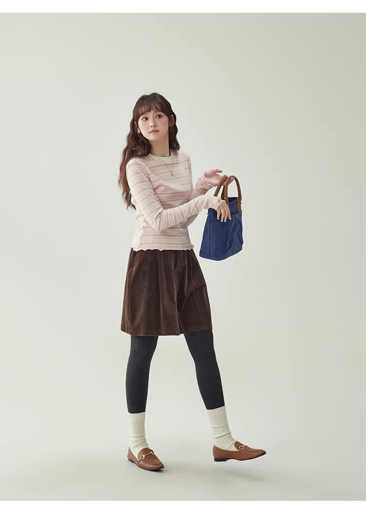 粉紅條紋花邊喇叭袖T恤女冬季新款修身內搭上衣,粉紅條紋花邊喇叭袖T恤女冬季新款修身內搭上衣,HBEW1195,粉紅條紋花邊喇叭袖T恤女冬季新款修身內搭上衣,橫紋設計,修身版型