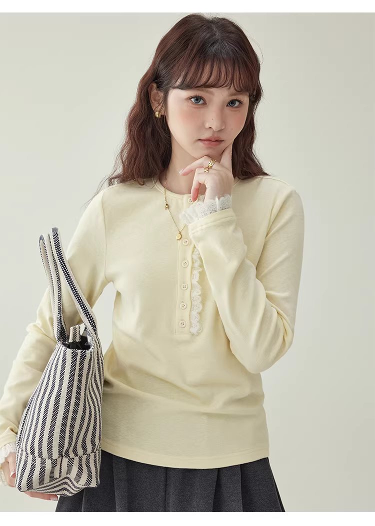蕾絲拼接半開扣T恤女冬季新款純色打底長袖上衣,蕾絲拼接半開扣T恤女冬季新款純色打底長袖上衣,HBEW1199,蕾絲拼接半開扣T恤女冬季新款純色打底長袖上衣,蕾絲拼接,修身版型