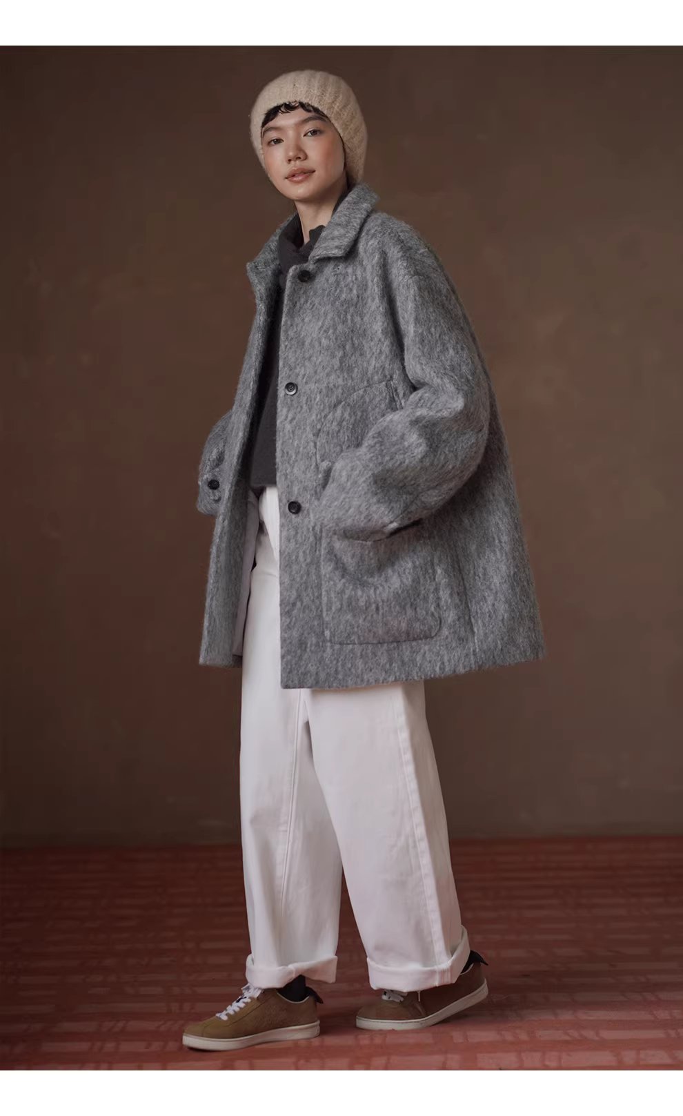 霧嵐星海羊毛混紡雜花灰翻領大衣中長款寬鬆絎棉外套女,霧嵐星海羊毛混紡雜花灰翻領大衣中長款寬鬆絎棉外套女,HBEW5131,霧嵐星海羊毛混紡雜花灰翻領大衣中長款寬鬆絎棉外套女,翻領排扣,羊毛混紡