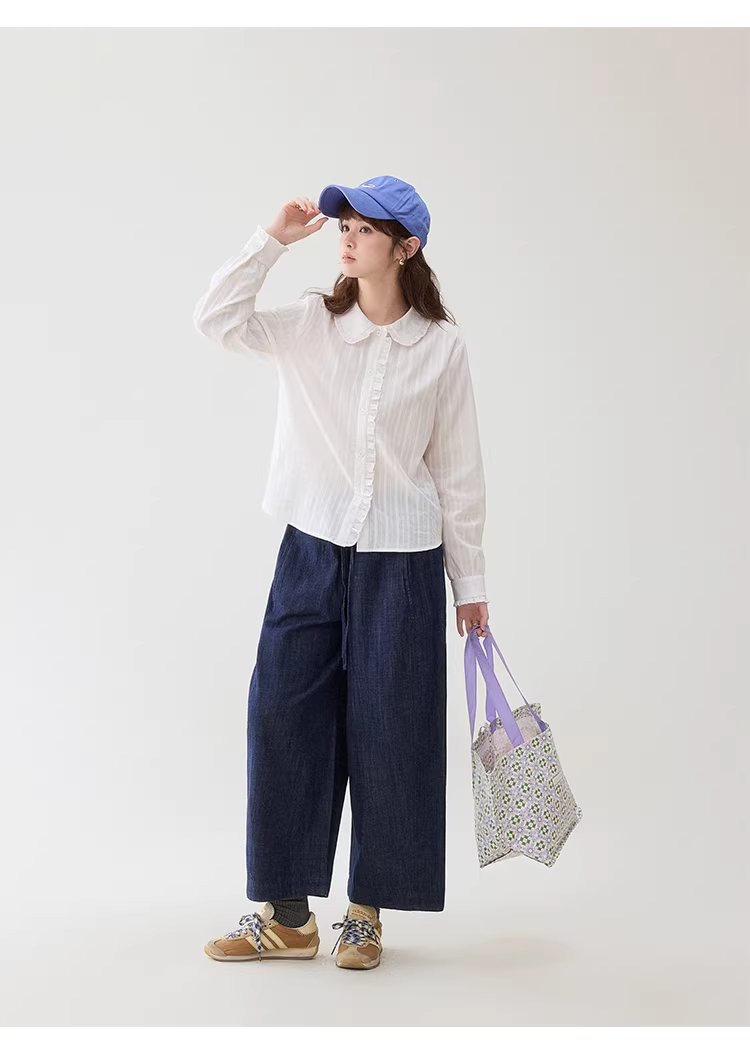 肌理感木耳邊娃娃領襯衫女春季新款純棉長袖上衣,肌理感木耳邊娃娃領襯衫女春季新款純棉長袖上衣,HBFS1003,肌理感木耳邊娃娃領襯衫女春季新款純棉長袖上衣,娃娃領,全棉面料