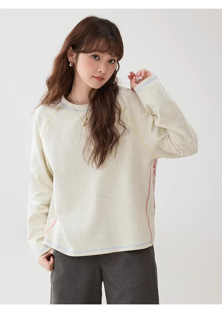 撞色反線長絨棉T恤女春季新款寬鬆插肩袖上衣,撞色反線長絨棉T恤女春季新款寬鬆插肩袖上衣,HBFS1009,撞色反線長絨棉T恤女春季新款寬鬆插肩袖上衣,撞色車線,花灰面料