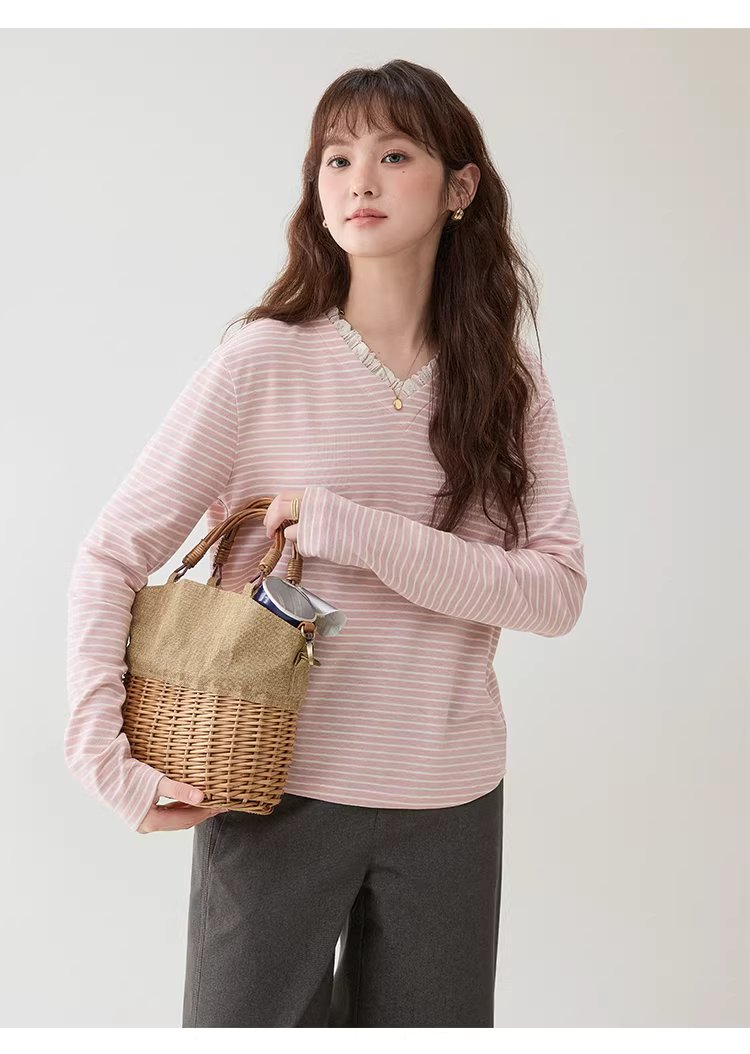 甜美粉紅條紋花邊v領T恤女春季新款寬鬆長袖上衣,甜美粉紅條紋花邊v領T恤女春季新款寬鬆長袖上衣,HBFS1028,甜美粉紅條紋花邊v領T恤女春季新款寬鬆長袖上衣,V領造型,蕾絲花邊