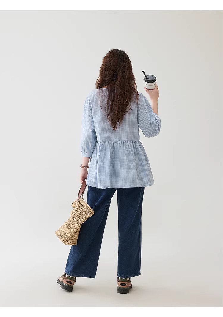 減齡八分袖純棉藍格襯衫女春新款寬鬆娃娃衫上衣,減齡八分袖純棉藍格襯衫女春新款寬鬆娃娃衫上衣,HBFS1039,減齡八分袖純棉藍格襯衫女春新款寬鬆娃娃衫上衣,清新格紋,全棉面料