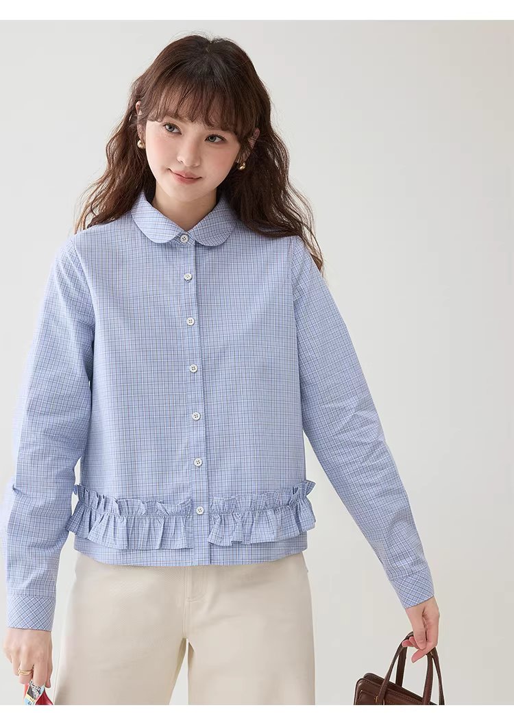 藍格荷葉邊娃娃領襯衫女春季新款純棉長袖短上衣,藍格荷葉邊娃娃領襯衫女春季新款純棉長袖短上衣,HBFS1049,藍格荷葉邊娃娃領襯衫女春季新款純棉長袖短上衣,荷葉衣襬,全棉面料