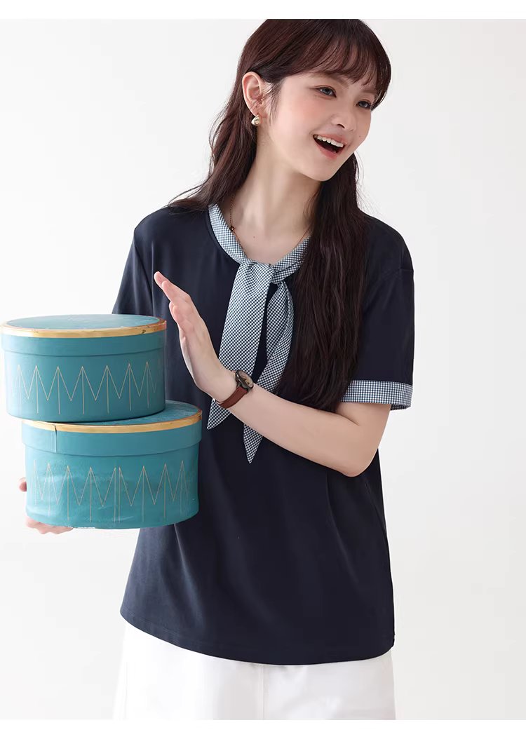 拼接格紋綁帶領短袖T恤女夏季新款時尚減齡上衣,拼接格紋綁帶領短袖T恤女夏季新款時尚減齡上衣,HBFS1053,拼接格紋綁帶領短袖T恤女夏季新款時尚減齡上衣,領結造型,舒適面料